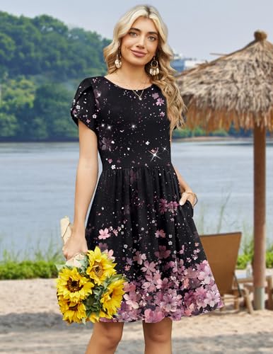 Zeagoo Beach Dress Women Short Sleeve Casual Floral Print A-Line Swing Mini Beach Sundress with Pockets Hawaiian Tropical Vacation Crew Neck