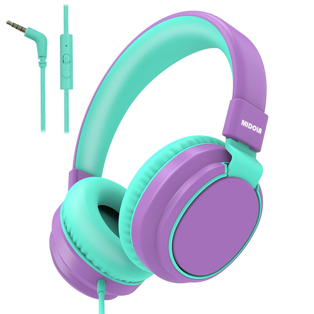 Kids Headphones Volume Limited 85/94dB - Wired Over-Ear Foldable Headset with Microphone Pink Purple