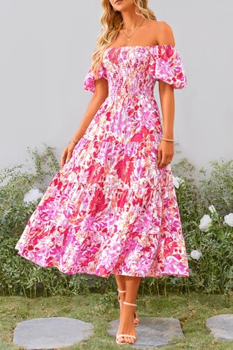 PRETTYGARDEN Women's Casual Summer Midi Dress Puffy Short Sleeve Square Neck Smocked Tiered Ruffle Dresses (Floral Rose Red,Large)