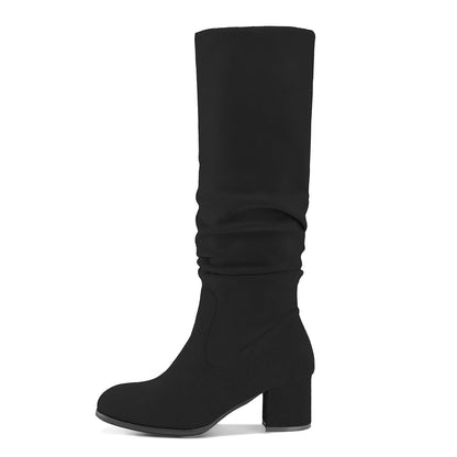 Shoe'N Tale Women's Knee High Boots Chunky Heel Pointed Toe Suede Slouch Winter Shoes with Side Zipper