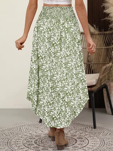 ANRABESS Women's Maxi Skirts Summer Boho Floral High Waisted Flowy Swing Pleated Beach Long Skirt with Pockets Green Large