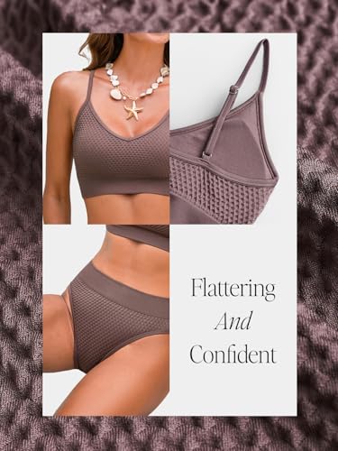 CUPSHE Women's Bikini Sets Two Piece Swimsuit Sporty Mid Rise Scoop Neck Adjustable Spaghetti Straps Textured Midkini, S Taupe Brown