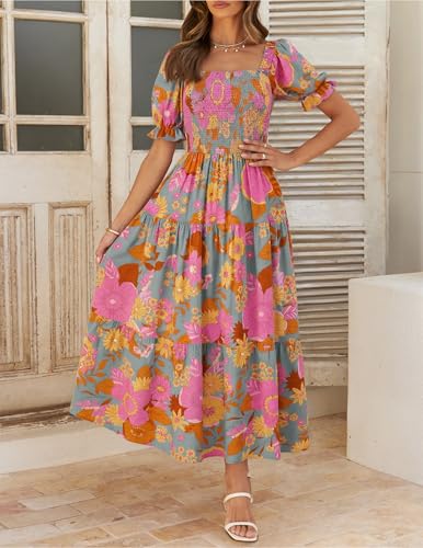 ZESICA Women's 2025 Summer Boho Floral Print Square Neck Ruffle Swing Beach Long Maxi Dress,GreyGreen,Large
