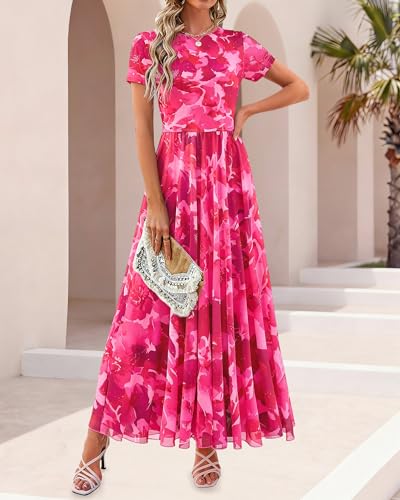 BTFBM Summer Dresses for Women 2026 Formal Short Sleeve Floral Homecoming Dress Maxi Wedding Guest Vacation Outfits(Floral Pink,Large)