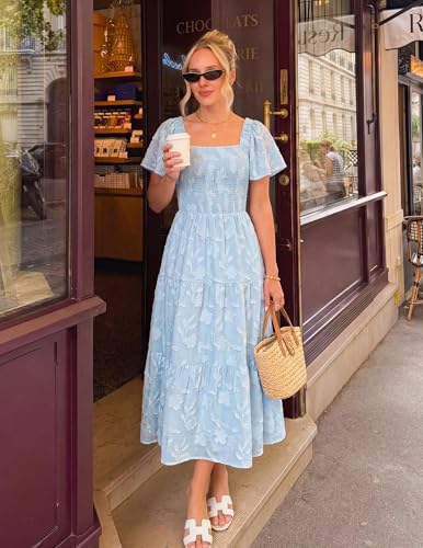 ZESICA Womens Summer Boho Floral Midi Dress 2026 Casual Flowy Beach Vacation Wedding Guest Graduation Long Dresses Blue Medium