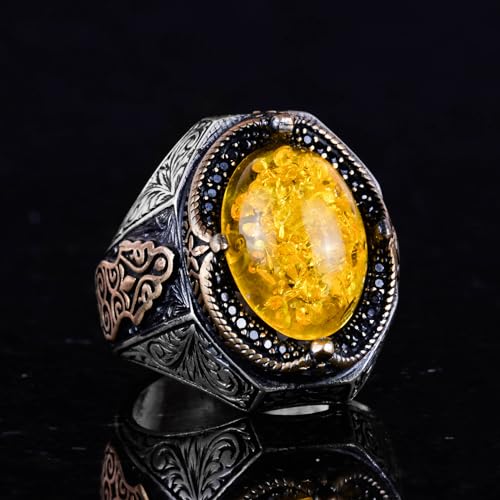 KAMBO Created Stone Ring, Elegant Handmade 925K Sterling Silver Men's Ring, (Honey Amber Created)