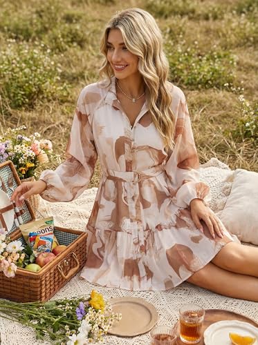 ZESICA Womens Spring Summer Floral Mini Dress Long Sleeve Button Chiffon A Line Swing Short Wedding Guest Party Dresses Brown Medium