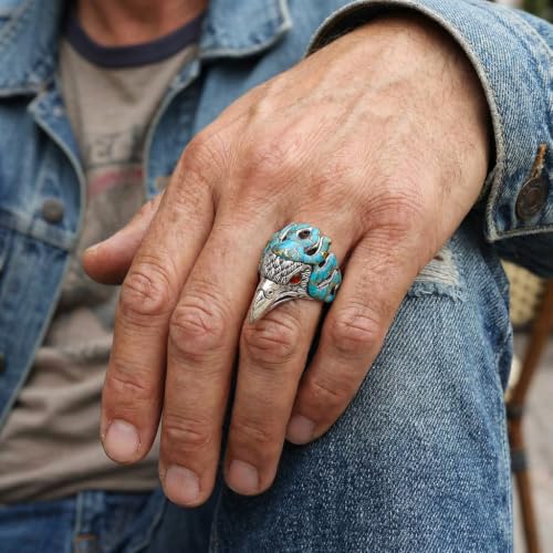 Turquoise Ring for Men Eagle Jewelry Sterling Silver 925 Genuine Gemstones Size 9 to 14 (Turquoise) (13)