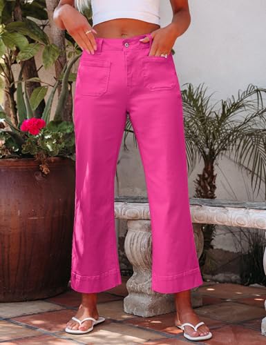 Luvamia Hot Pink High Waisted Wide Leg Flare Jeans for Women, Size 12-14, Casual Jeans with Stretchy Denim Fabric, 26 Inch Inseam