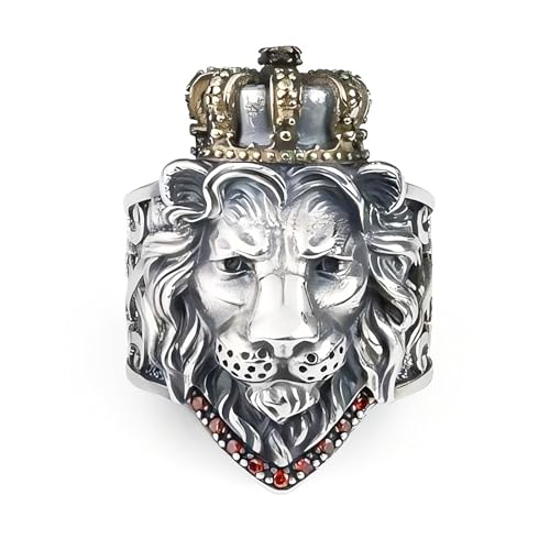 S925 Sterling Silver Vintage Ring for Men, Adjustable Size Open Hug Ring with S925 Stamps, Silver Band Rings Gift for Him, My Man, Son, Boyfriend, Dad (Lion King)