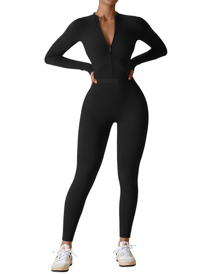 Women's Long Sleeve Workout Jumpsuit - Zip Up Bodycon Romper One Piece Black