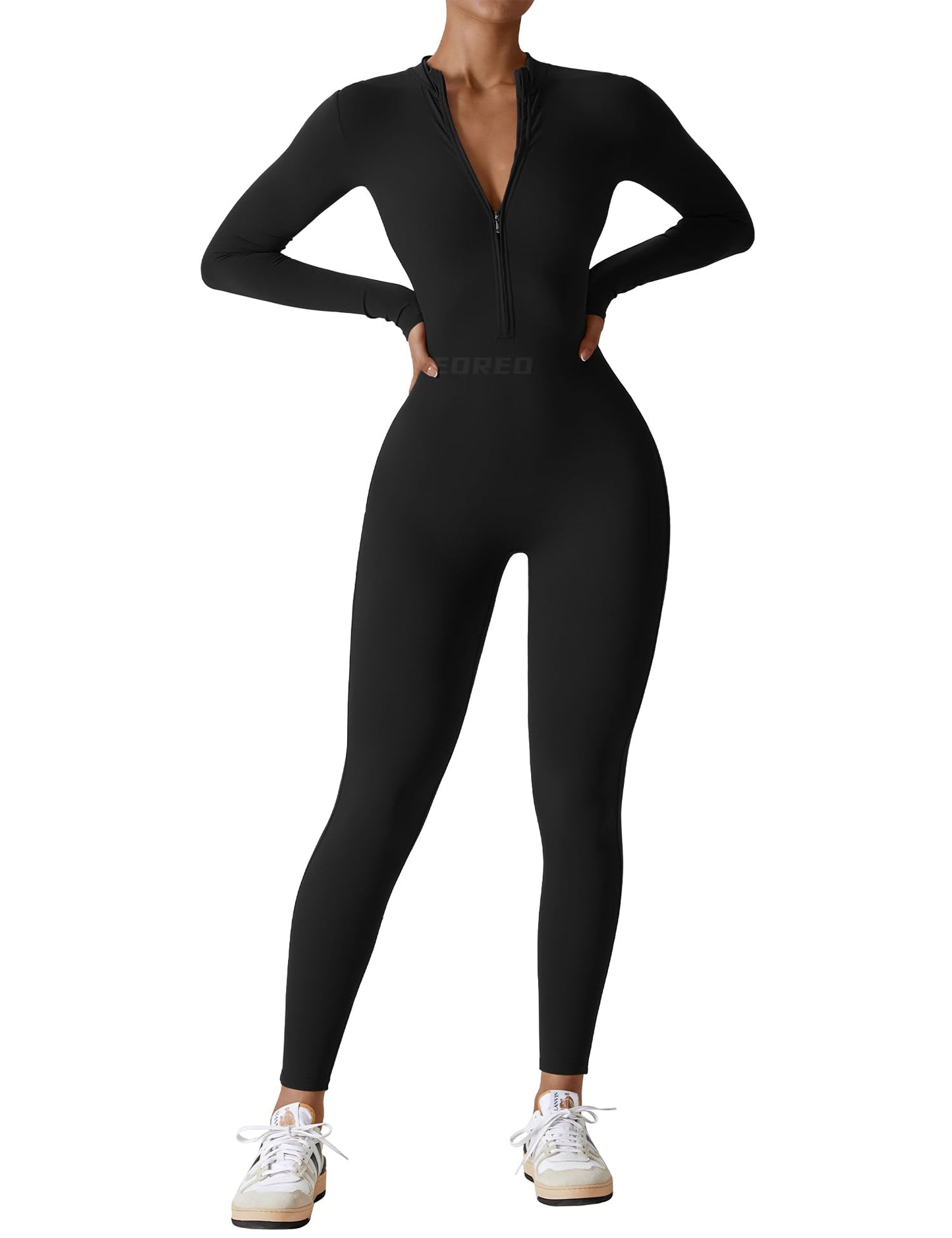 Women's Long Sleeve Workout Jumpsuit - Zip Up Bodycon Romper One Piece Black