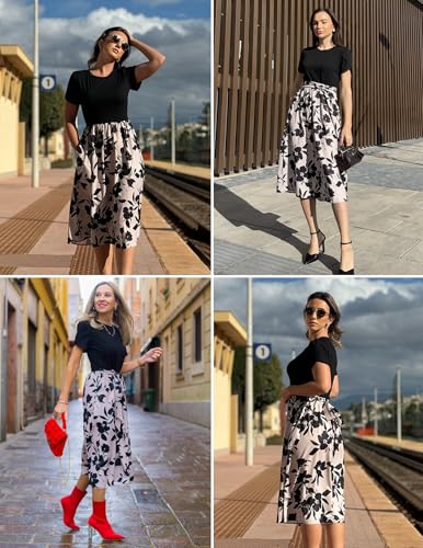 Zeagoo Midi Dresses for Women Casual Summer Dress 2025 Women Short Sleeve Sundress Ladies Floral Print Boho Dress A-Line Dress Black-Floral L