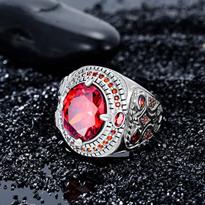 PYTALI Round Garnet Gemstone Ring for Men Sterling Silver Oxidized Men's Ring Vintage Retro Jewelry(9)