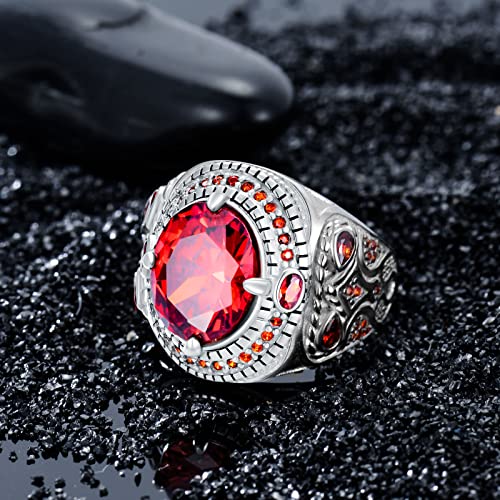 PYTALI Round Garnet Gemstone Ring for Men Sterling Silver Oxidized Men's Ring Vintage Retro Jewelry(9)
