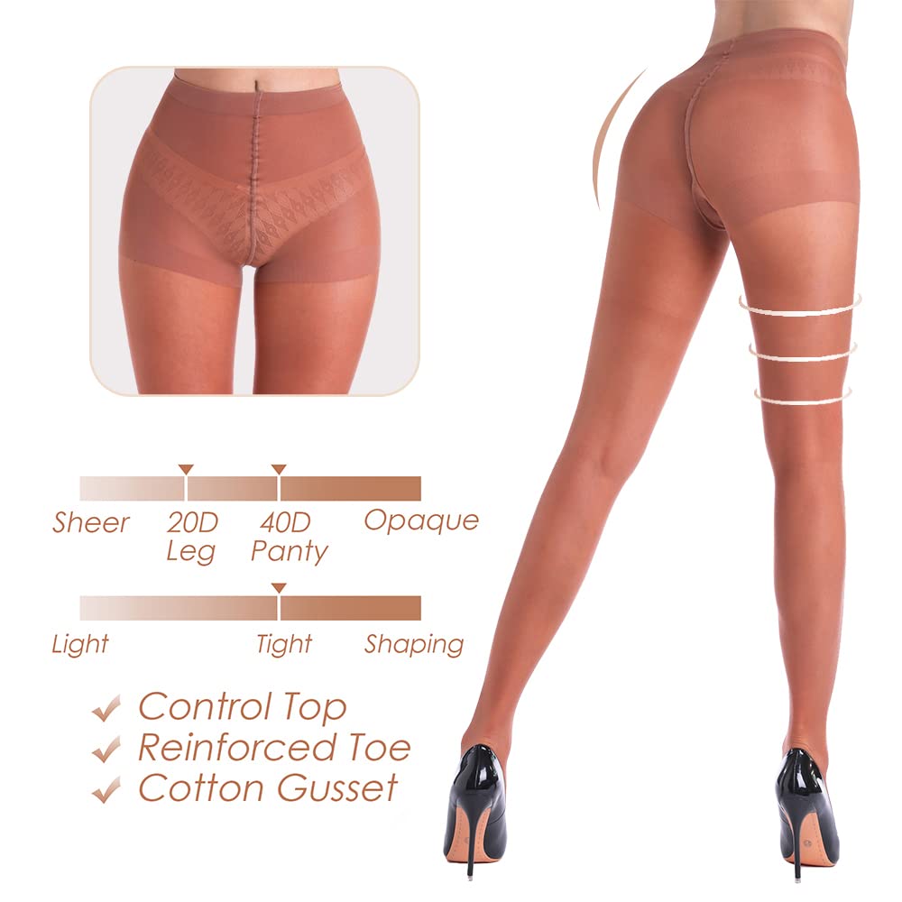 Women's 20D Sheer Control Top Pantyhose - 3 Pack Ultra Thin Tights with Reinforced Toes