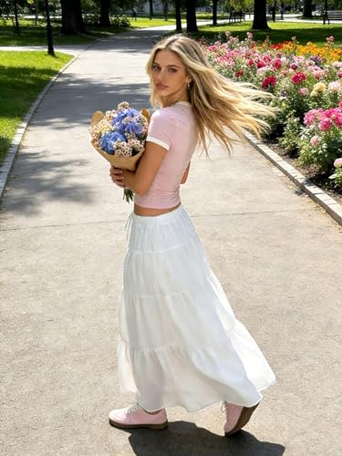 Verdusa Women's Long Maxi Skirt 2026 Boho Flowy Flared Ruffle Skirts Beach Vacation Spring Going Out Outfits White Medium