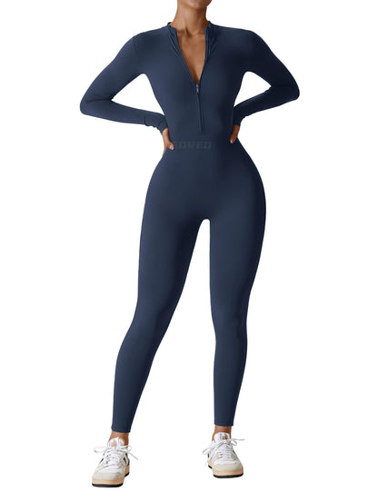 Women's Long Sleeve Workout Jumpsuit - Zip Up Bodycon Romper One Piece Midnight