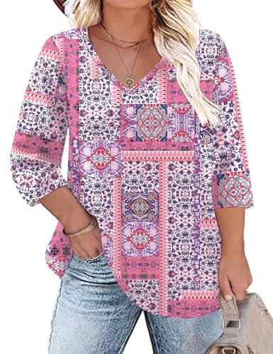 TFSDOD Womens Spring Fashion 2026 Plus Size Tops Women's V Neck Long Sleeve T Shirt Printed Tees Pink Boho XXL