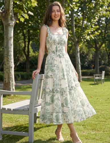 Women Summer Dresses 2026 Sundresses Sleeveless Midi Flowy Floral Dress Green L
