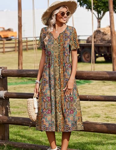 Zeagoo Women Summer Dress with Pocket Casual Short Sleeve Floral Midi A-Line Flowy Beach Vacation 2026 Tropical Boho Loose Henley V Neck