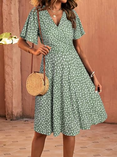 FENSACE Summer Dresses for Women 2026 Casual Lightweight Fit and Flare Green Floral Spring Baby Shower Dress(Floral-32,Large)