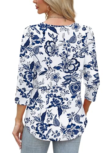 Boho Tops for Women 3/4 Length Sleeve Womens Tops Blouses Dressy Casual Early Fall Fashion 2026 Spring Outfits for Teachers Plus Size Summer Women's Clothing Trendy Fall Clothes Blue Floral 2XL