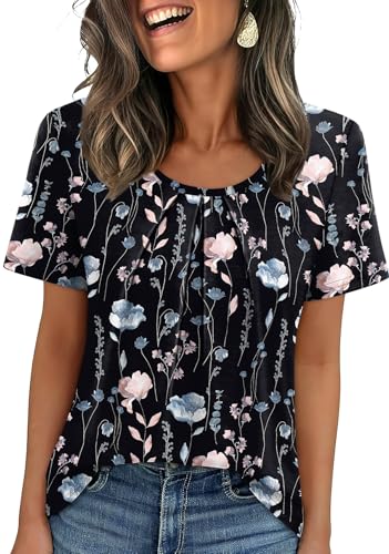WIHOLL Blouses for Women Dressy Casual Summer Scoop Neck Trendy Tops 2026 Short Sleeve Business Work Office Tshirts Shirts Black Floral Print 2XL