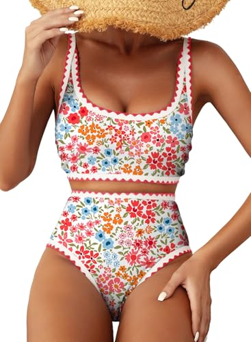 Herseas Bikini Sets for Women Floral Color Block Trim 2 Piece Swimsuits High Waisted Scoop Free Wire Sporty Bathing Suits Vintage Holiday Outfits 2026 Summer Pink Ditsy Medium
