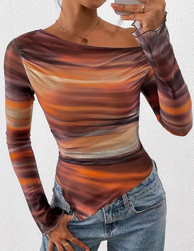 PRETTYGARDEN Womens Fall Trendy Off Shoulder Y2k Tops 2026 Tie Dye Mesh Long Sleeve Shirts Asymmetrical Ruched Floral Blouse (Floral Brown,Medium)