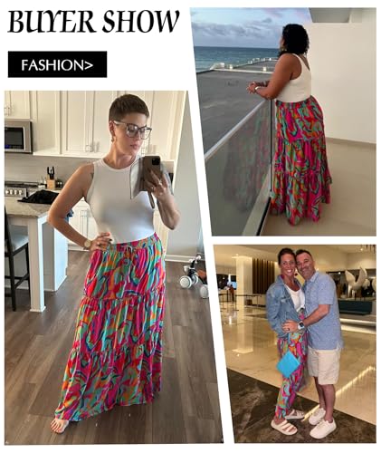 Trendy Lightweight Drawstring Tiered Ruffles Paisley Hippie Plus Size Bohemian Long Maxi Skirt with Deep Pockets Office Music Festival Travel Picnic Dating Fall Outfits Multicolor Abstract Wave M