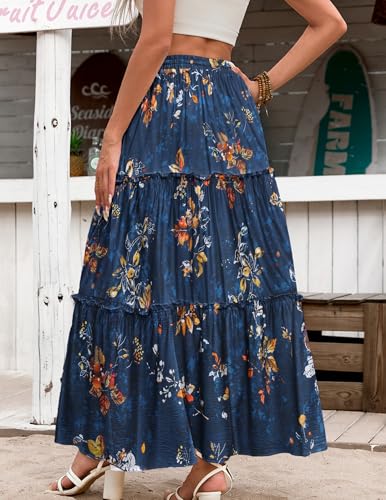 Zeagoo Womens Elastic High Waisted Skirts with Pockets Summer Long Maxi Skirts Women's Floral Printed A Line Skirts Womens Flowy Boho Tiered Skirts XL