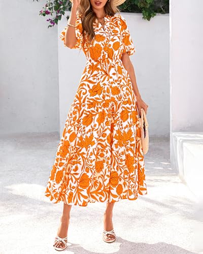 dowerme Womens Summer Dresses 2026 Casual Puff Short Sleeve V Neck Floral Boho Tiered Ruffle Maxi Dress with Pockets(White Orange Yellow,Large)