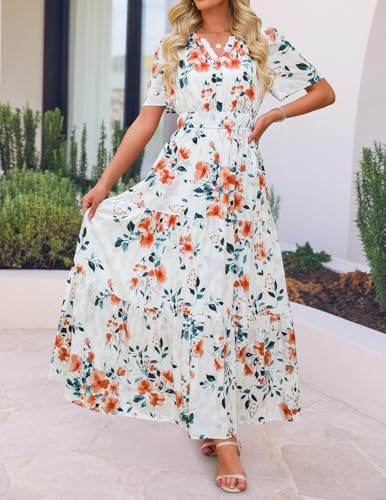 ZESICA Women's 2026 Summer Spring Floral Boho Maxi Dresses Casual Short Sleeve V Neck A Line Flowy Beach Vacation Dress Ivory Medium