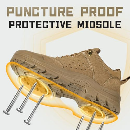 Furuian Steel Toe Shoes for Men Comfortable Lightweight Work Shoes for Men Low Top Steel Toe Safety Puncture Proof Slip Resistant Construction Shoe Brown