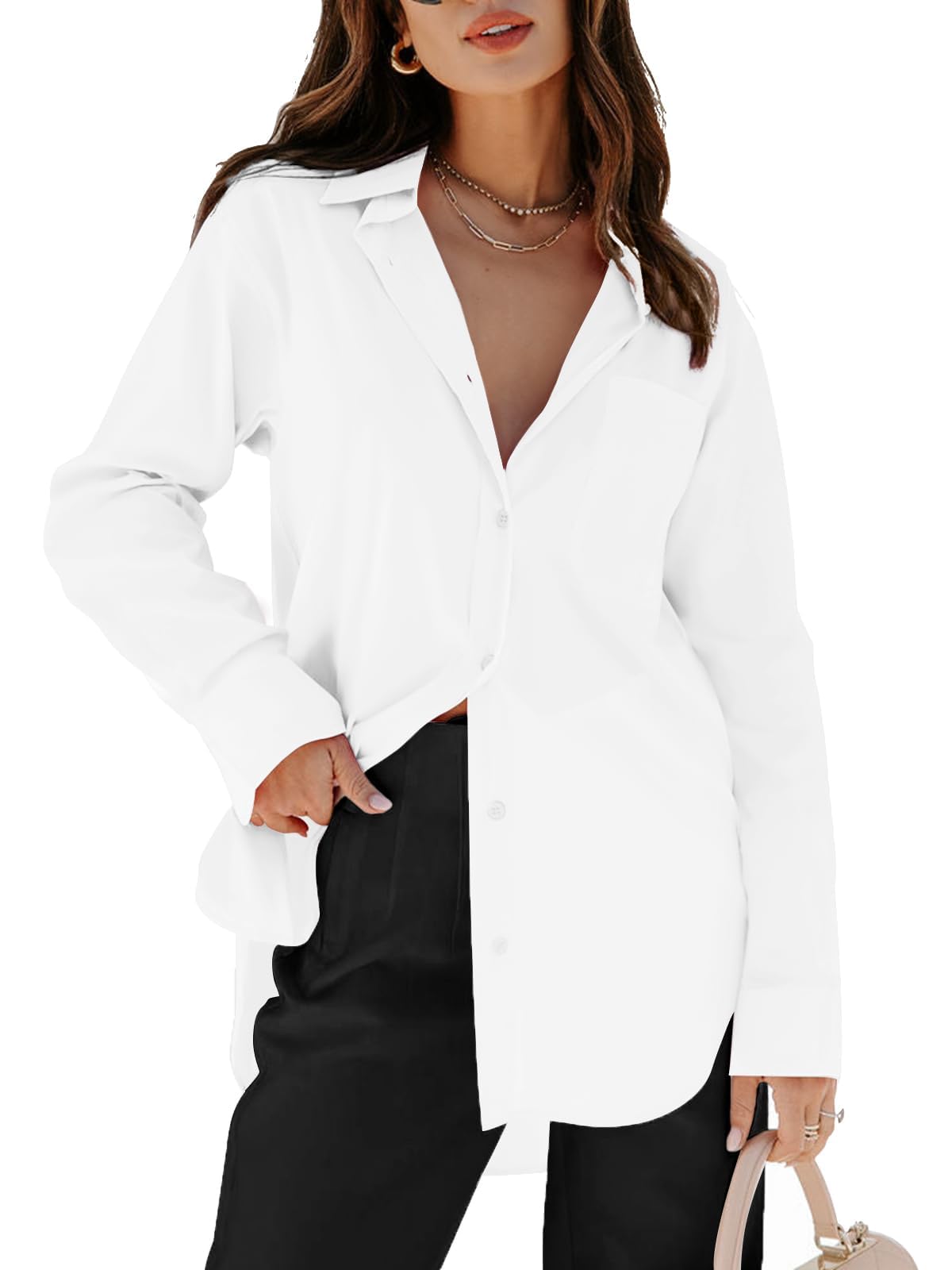 Women's Button Down Shirt - Long Sleeve V-Neck Blouse with Pockets All White