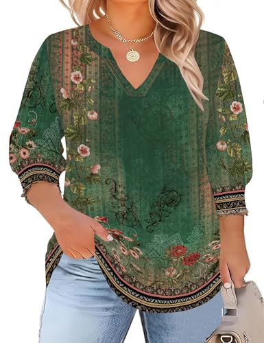 TFSDOD Boho Tops for Women Spring Fashion 2026 3/4 Sleeve V Neck T Shirts Womens Tops Plus Size Western Wear for Women Boho Green 3X