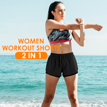 Yevrimow Women's 2 in 1 Running Shorts for Gym Yoga Workout Athletic Shorts High-Waisted Shorts with Liner Pockets Grey