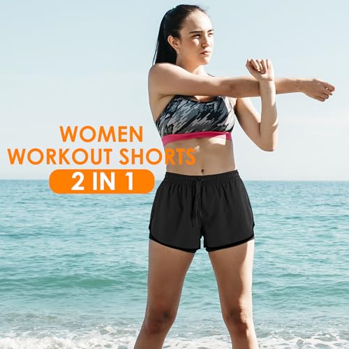 Yevrimow Women's 2 in 1 Running Shorts for Gym Yoga Workout Athletic Shorts High-Waisted Shorts with Liner Pockets Grey