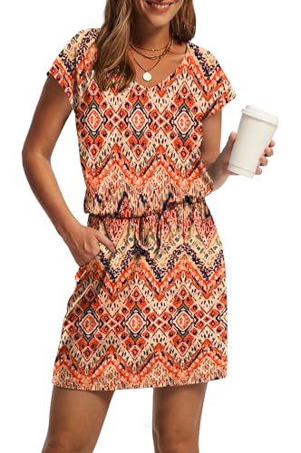 Summer Dresses for Women 2025 Loose V Neck T Shirt Tie Waist Casual Dress Sundresses with Pockets Floral L