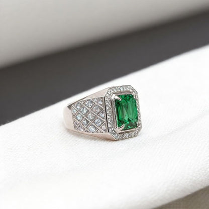 RSYHB 10K 14K 18 Gold Created Emerald Rings for Men 4 CT Gemstone Engagement Rings with Moissanite Jewelry Gift for Him
