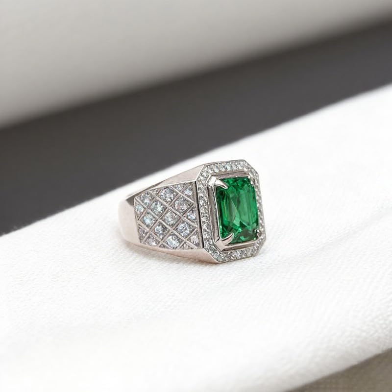 RSYHB 10K 14K 18 Gold Created Emerald Rings for Men 4 CT Gemstone Engagement Rings with Moissanite Jewelry Gift for Him