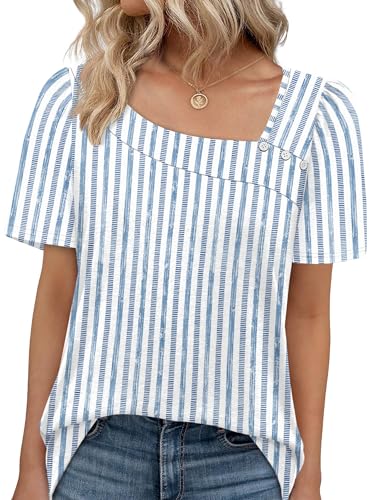 WIHOLL Womens Tops Summer Outfits Spring Clothing Short Sleeve Tshirts Shirts 2026 Trendy Dressy Business Casual Blouses Blue Stripes S