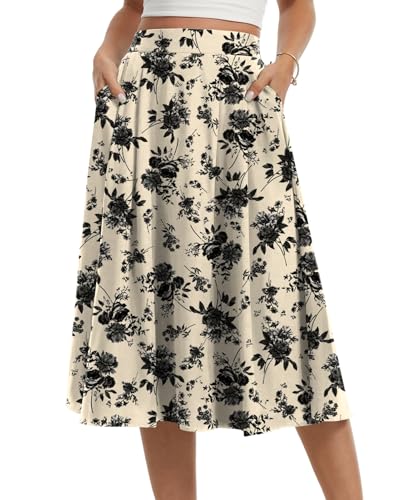 Kinnette Women's Midi Flowy Skirts Summer A-Line High Waisted Casual Below-The-Knee Skirt with Pockets (Black Flower Light Beige, M)