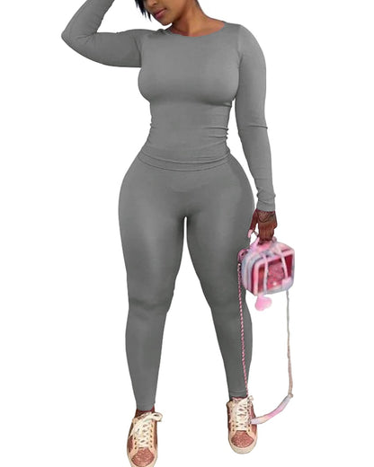 Chrome Heart Leggings - 2 Piece Tracksuit for Women - Long Sleeve Top & Jogger Leggings Workout Set Grey