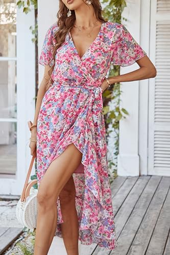 PRETTYGARDEN Women's Summer Floral Boho Dress Wrap V Neck Short Sleeve Ruffle A-Line Flowy Maxi Wedding Guest Dresses (Pink Floral,Large)