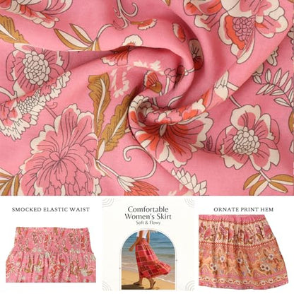 ROYLAMP Women's Boho Trendy Floral Maxi Skirt High Waisted A Line Skirts Flowy Swing Dressy for Beach with Pockets Pink & Pink Floral S
