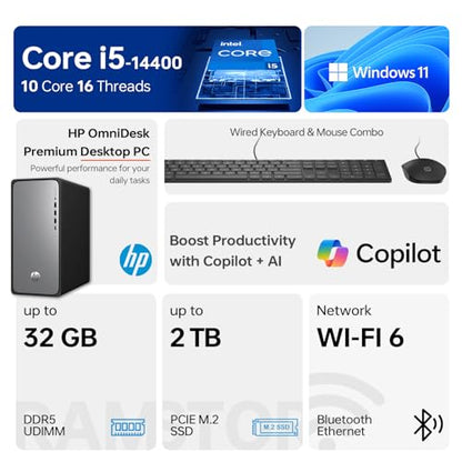 HP Envy Next Brand OmniDesk M02 Premium Business Desktop, i5-14400, 32GB DDR5, 1TB SSD, Wi-Fi 6, W11P, Wired KB & M, Copilot & AI-Ready, Support 3-Display & 4K, Bundle with ADATA 512GB External SSD