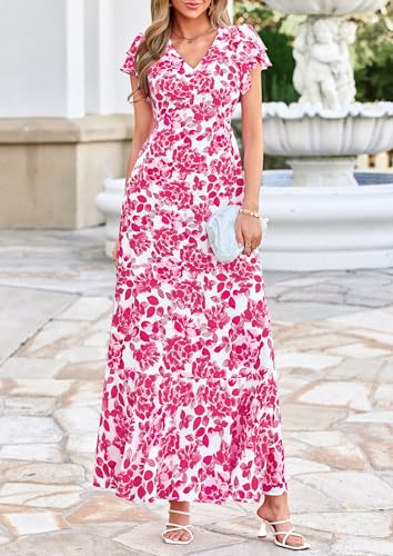PRETTYGARDEN Spring Dresses for Women 2026 Summer Boho Floral Ruffle Short Sleeve Flowy Beach Wedding Guest Maxi Long Dress(Rose Red Floral,Medium)
