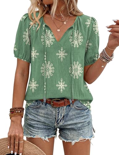 LOMON Boho Tops for Women Summer Peasant Blouses St Patrick's Day Shirt Cotton Linen Outfit Beach Vacation Clothes (Light Green Floral,XL)